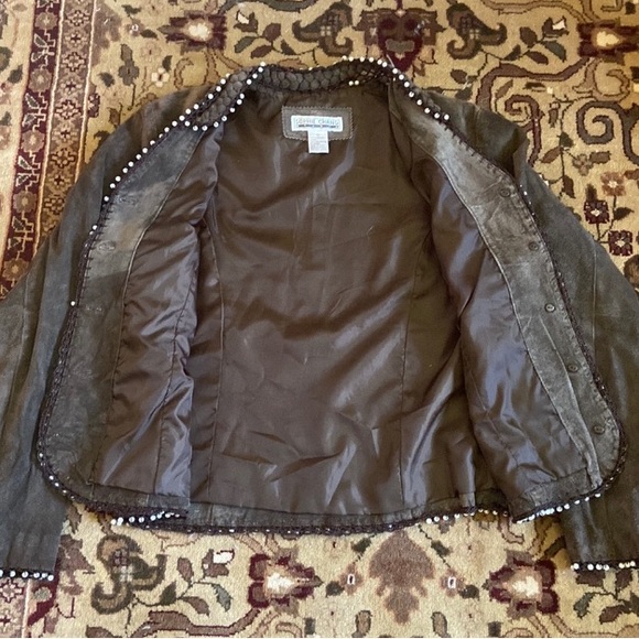 100% SUEDE SOPHIE CHANG Faux Pearl embellished lightweight jacket darkOlive Med - Picture 5 of 15